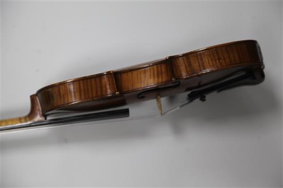 A violin stamped Thompsons London, length of back 35.2cm, cased